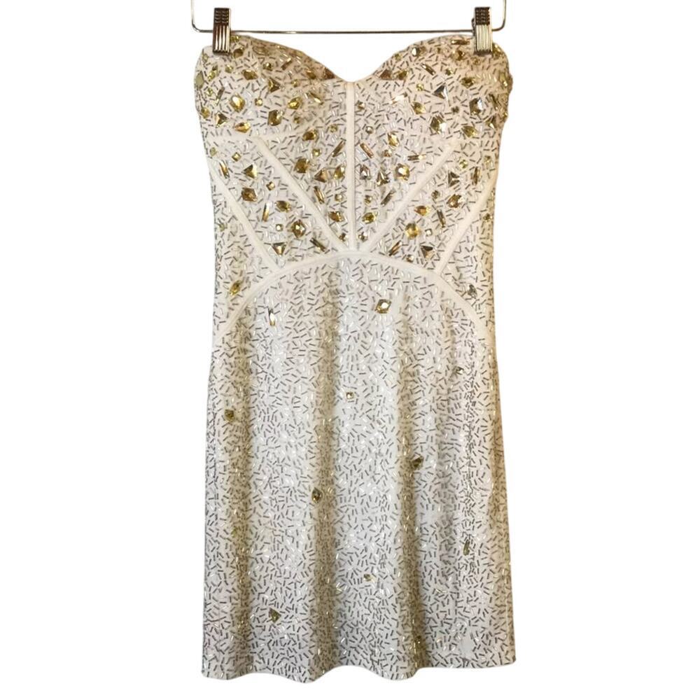 Arden B Beaded Rhinestone Strapless Corset Bodycon Dress Cream Gold Small
